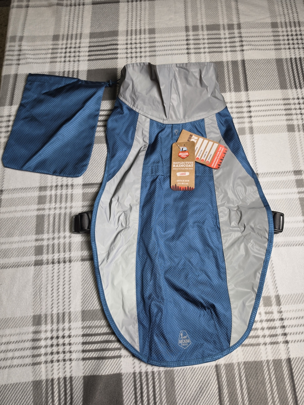 Arcadia Blue and Gray Reflective Dog Rain Jacket with Pouch
